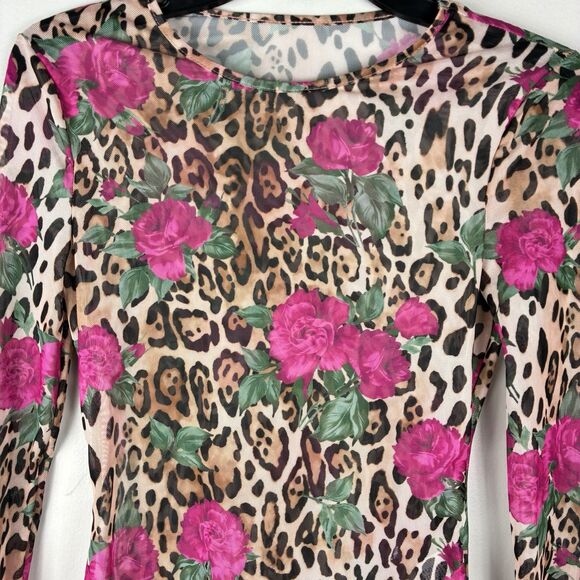 Womens Mixed Print Mesh Sheer Long Sleeve Top Sz S Animal Print Rose Party Rave - Picture 2 of 7